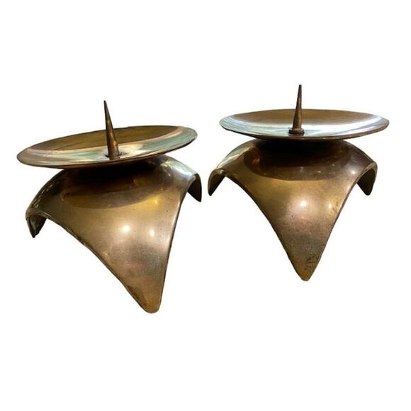 Mid Century Space Age Candleholders Solid Brass Pair • Large - Picture 4 of 8